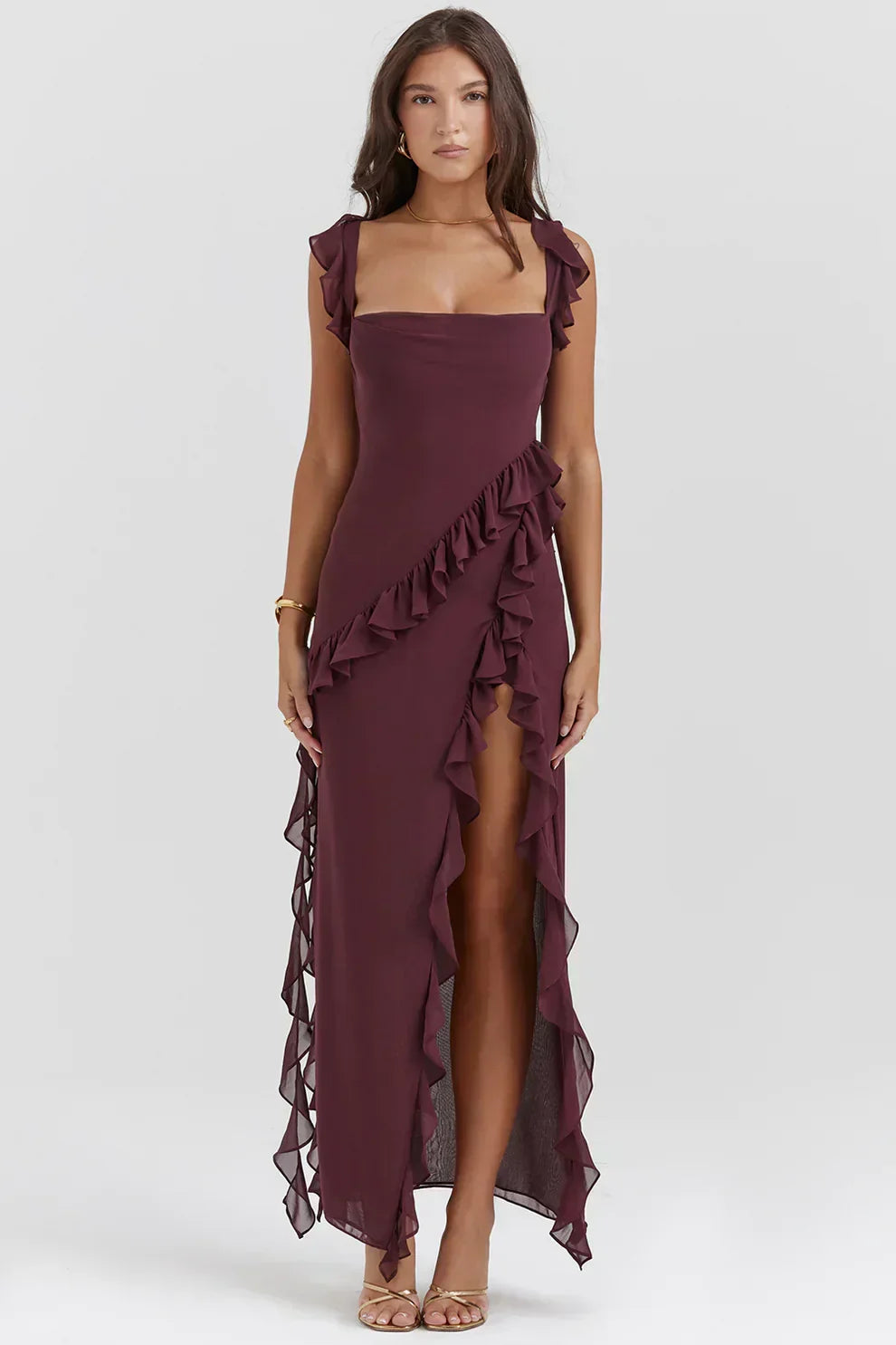 Square Neck Cap Sleeve Cascading Ruffle Trim High Slit Maxi Gown
