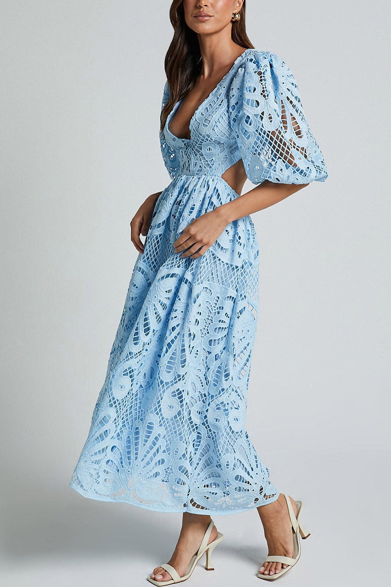 V-neck Lace Embroidery Hollow Waist Dress