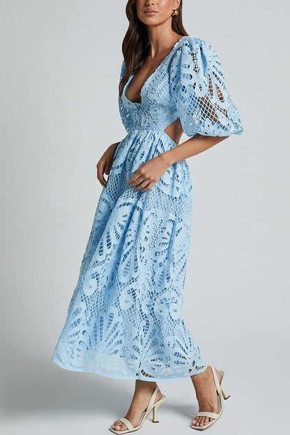 V-neck Lace Embroidery Hollow Waist Dress