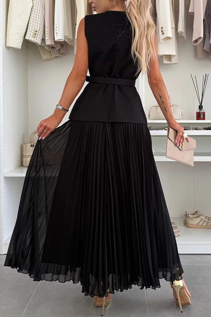 Button-down Tank Top Mesh Pleated Skirt Set