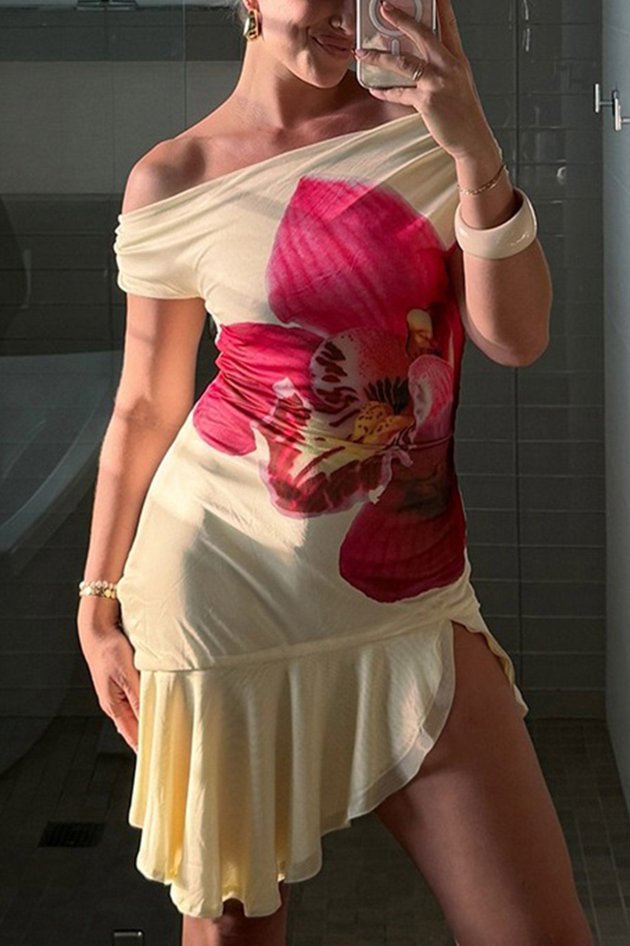 One-Shoulder Orchid Print Asymmetric Ruffle Hem Mini Dress