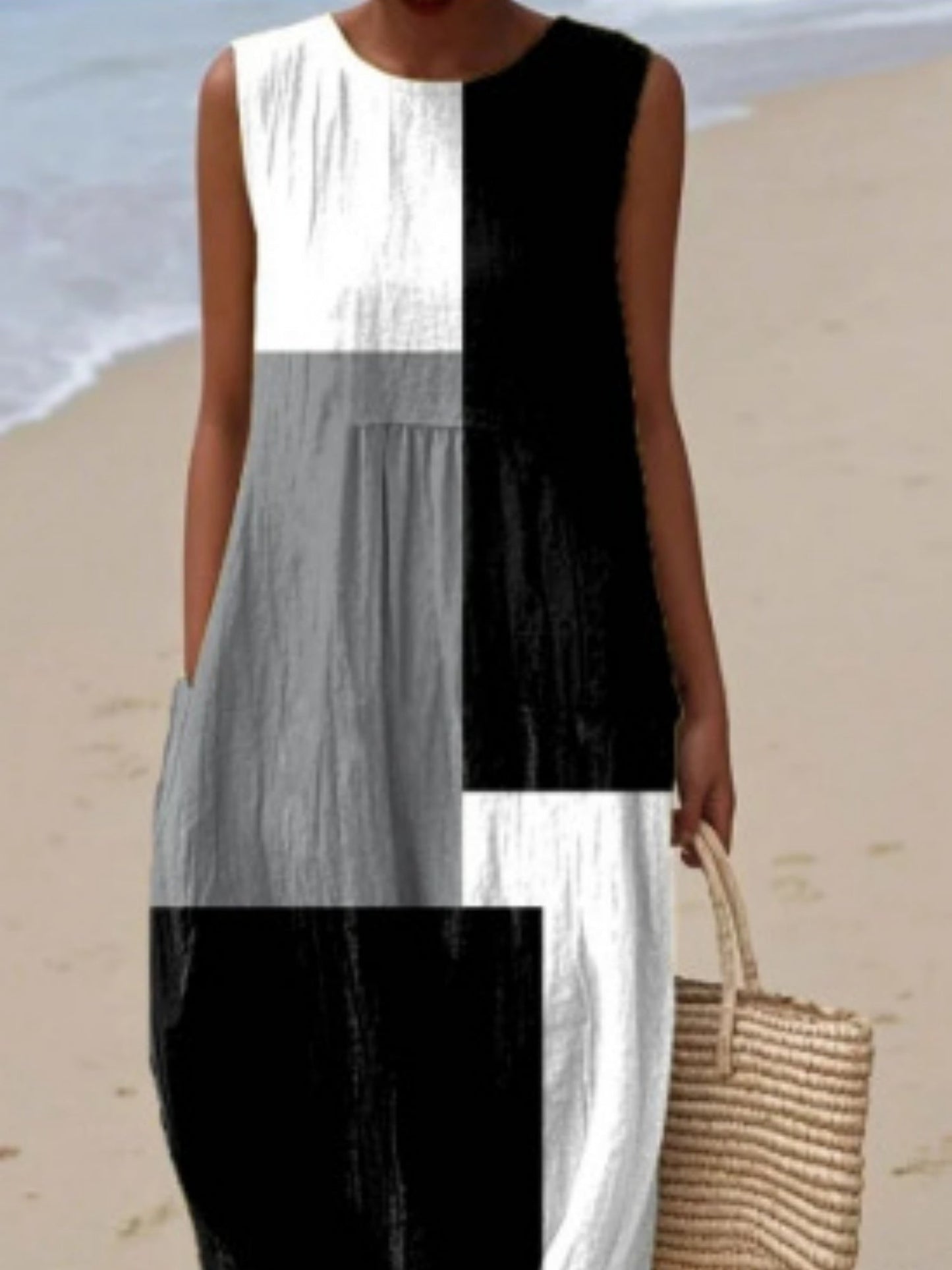 Printed Pocket Round Neck Sleeveless Maxi Dresses