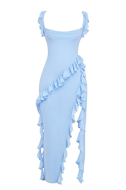 Square Neck Cap Sleeve Cascading Ruffle Trim High Slit Maxi Gown