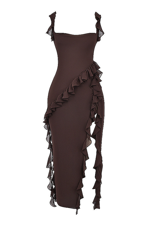Square Neck Cap Sleeve Cascading Ruffle Trim High Slit Maxi Gown