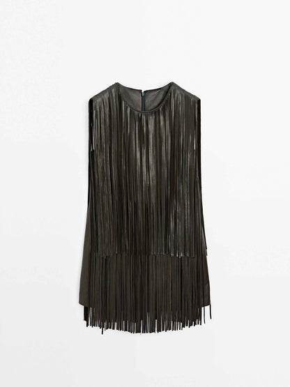 Tassel Design Mini Dress（Belt Not Included）