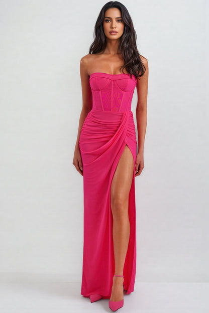 Amabel Solid Corset Split Maxi Dress-Pink