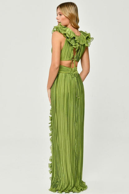 V-Neck Cut-Out Pleated Split Maxi Dress Green