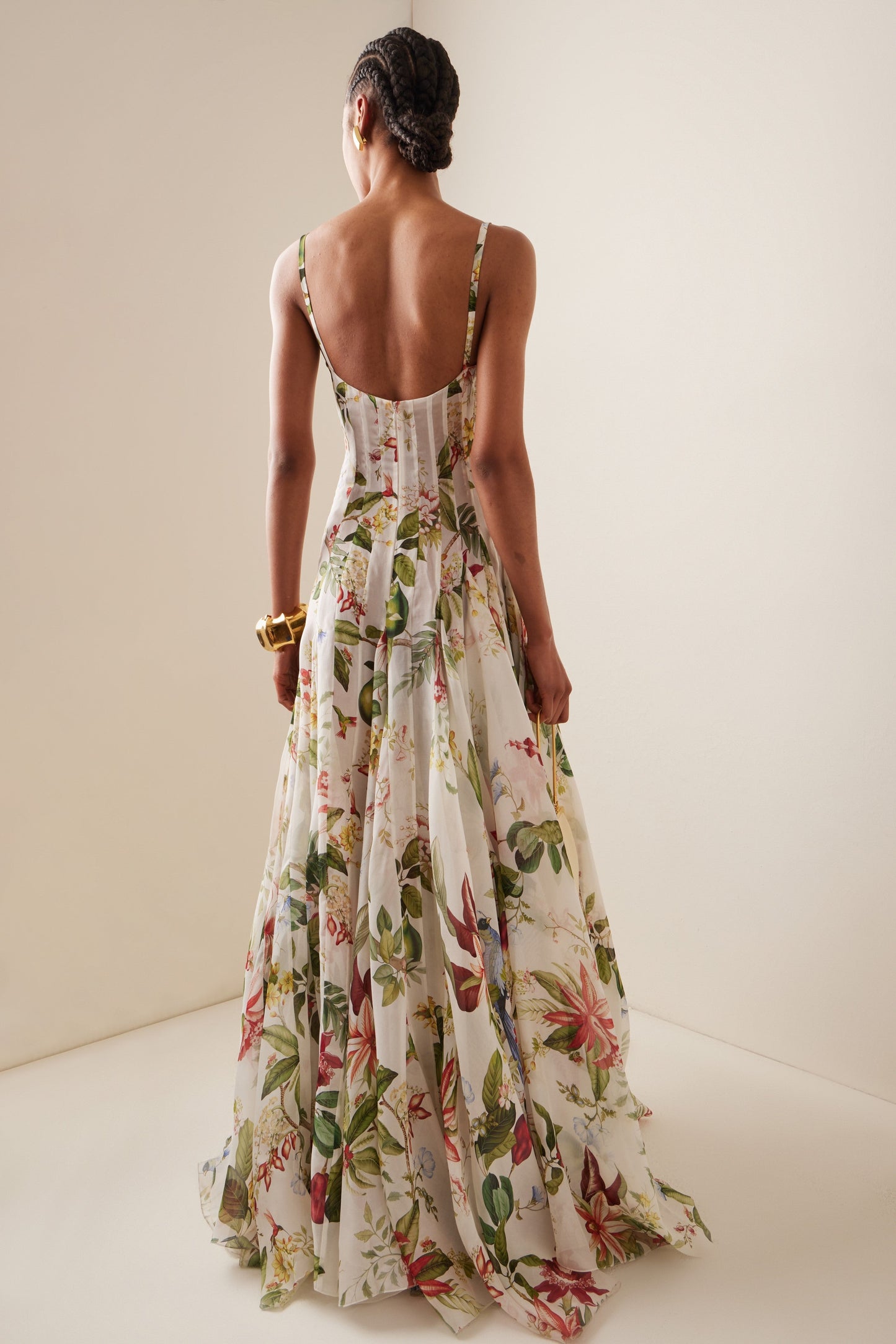Botanical Print Corset Bodice Spaghetti Strap A-Line Maxi Gown