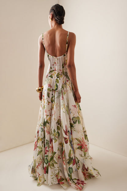 Botanical Print Corset Bodice Spaghetti Strap A-Line Maxi Gown