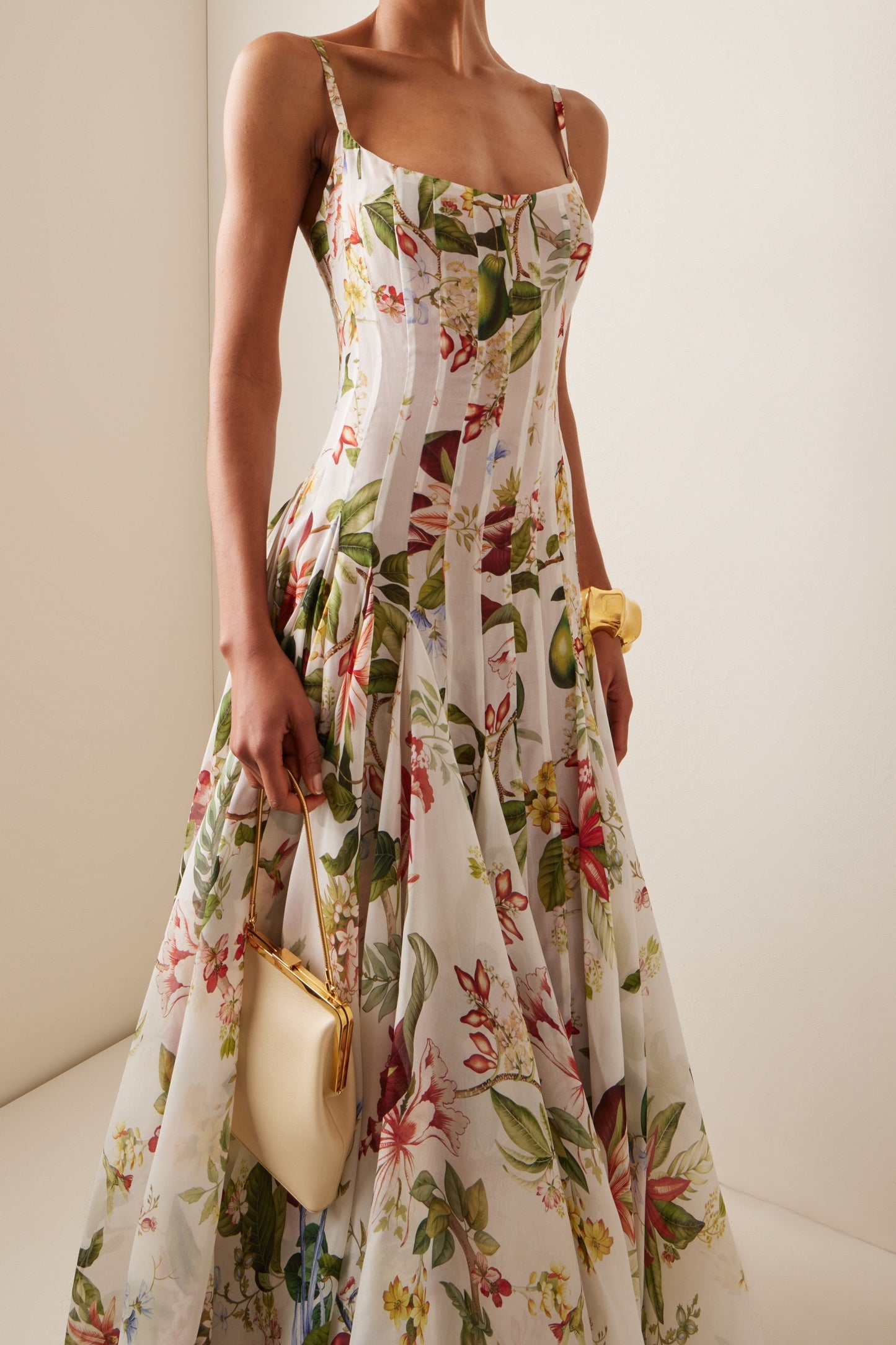 Botanical Print Corset Bodice Spaghetti Strap A-Line Maxi Gown