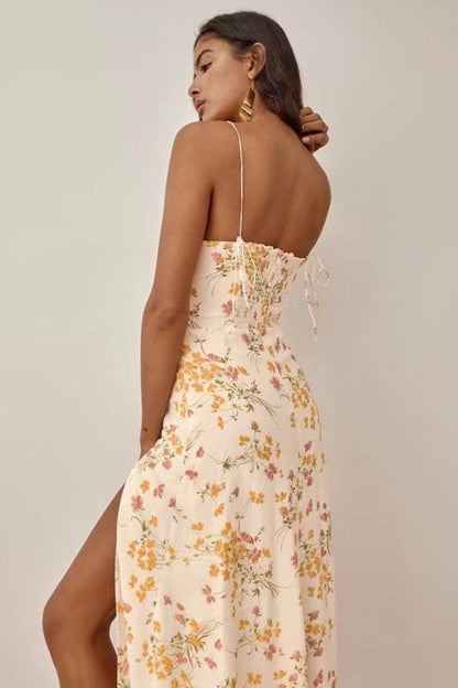 Ditsy Floral Print Sweetheart Bustier Lace Up Side Slit Midi Dress