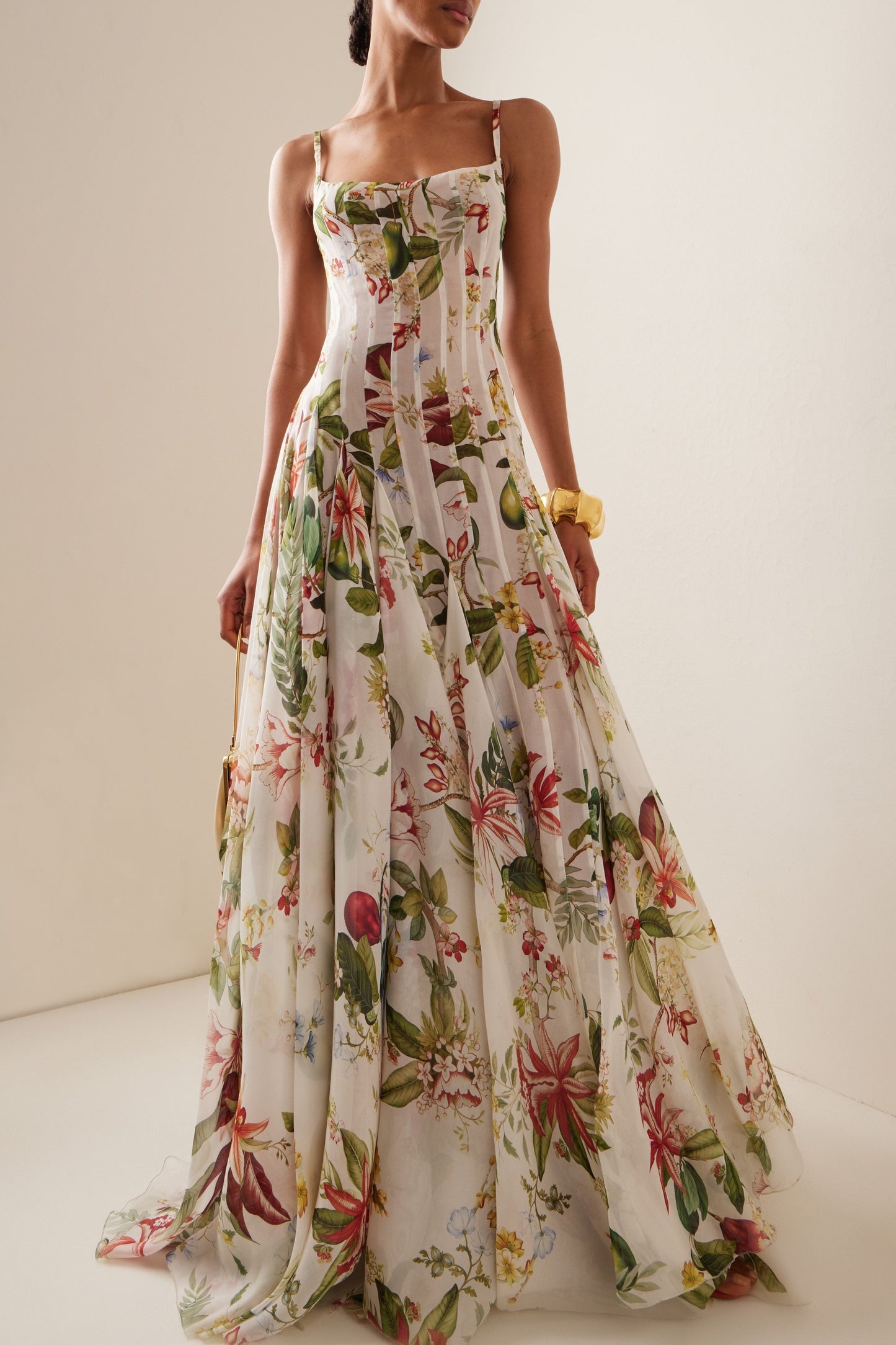 Botanical Print Corset Bodice Spaghetti Strap A-Line Maxi Gown