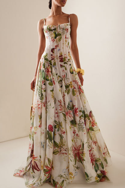 Botanical Print Corset Bodice Spaghetti Strap A-Line Maxi Gown