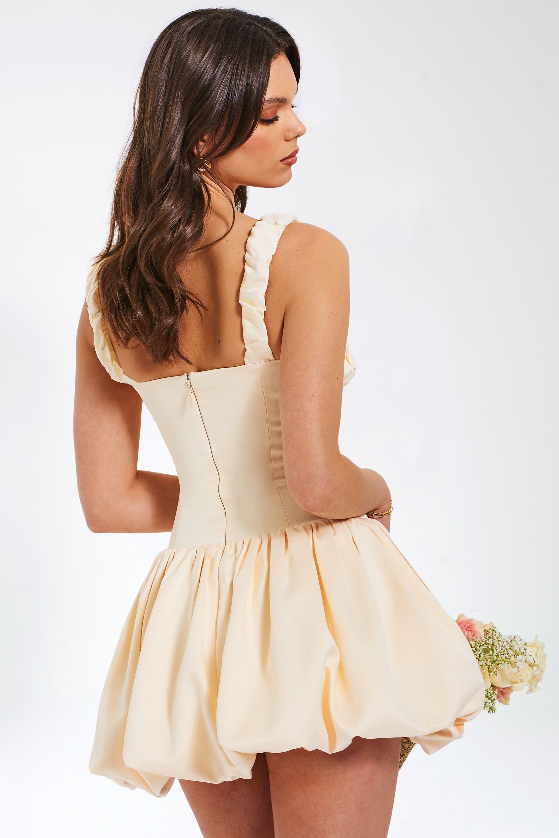 Square Neck Ruched Bust Gathered Strap Bubble Hem Mini Dress