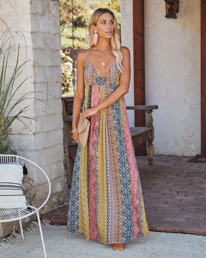 Deep V Neck Spaghetti Strap Boho Patchwork Print Empire Waist Maxi Dress