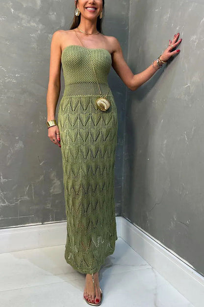 Romantic Story Knit Texture Off Shoulder Stretch Maxi Dress