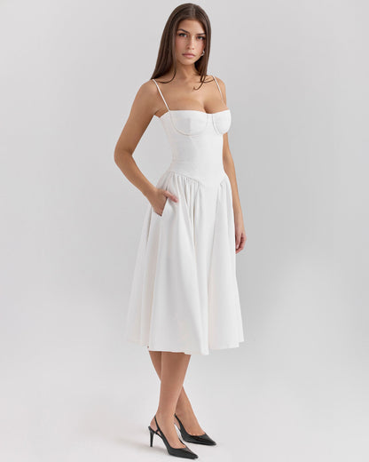 Bustier Spaghetti Strap Underwire Cup Dropped Waist Pleated Midi Dress