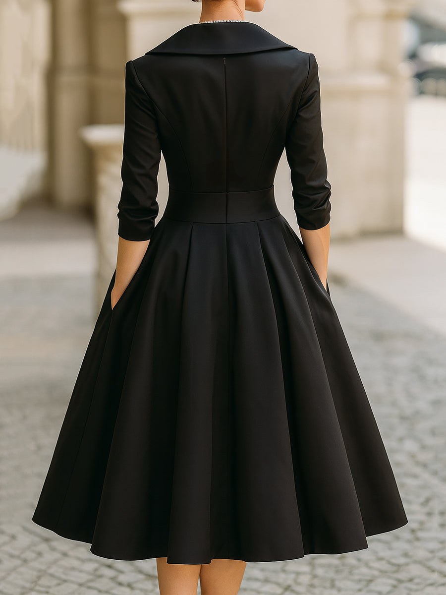 Women's Satin V-Neck Midi Dress – Long Sleeve Elegant Collared Dress