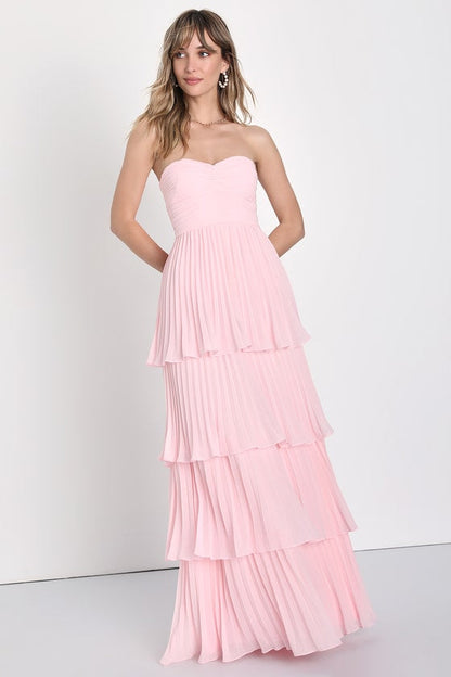 Strapless Sweetheart Ruched Tiered Pleated Maxi Gown
