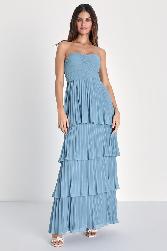 Strapless Sweetheart Ruched Tiered Pleated Maxi Gown