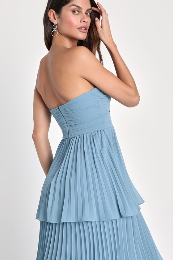 Strapless Sweetheart Ruched Tiered Pleated Maxi Gown