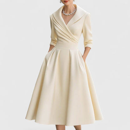 Shawl Collar Wrap Bodice Three Quarter Sleeve Pleated Pocket Midi Dress
