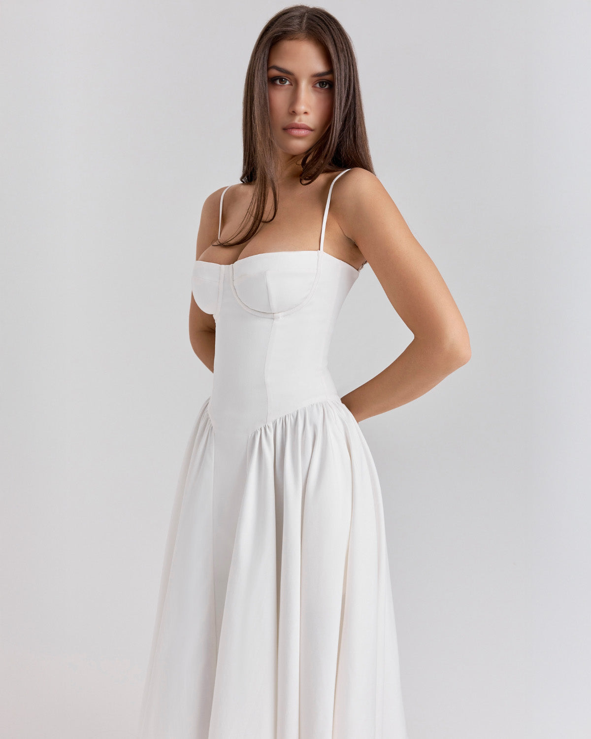 Spaghetti Strap Corset Bodice Basque Waist Pleated A-Line Midi Dress