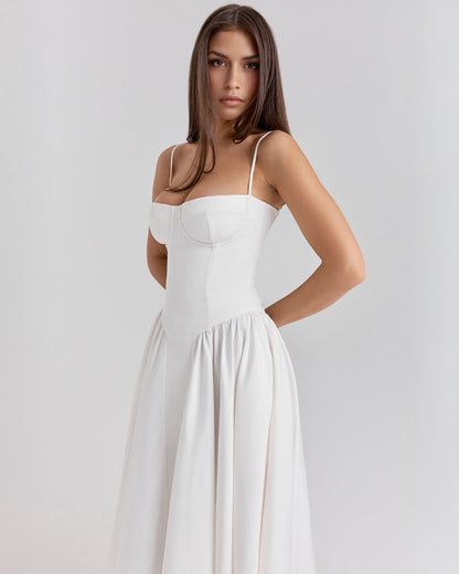 Spaghetti Strap Corset Bodice Basque Waist Pleated A-Line Midi Dress