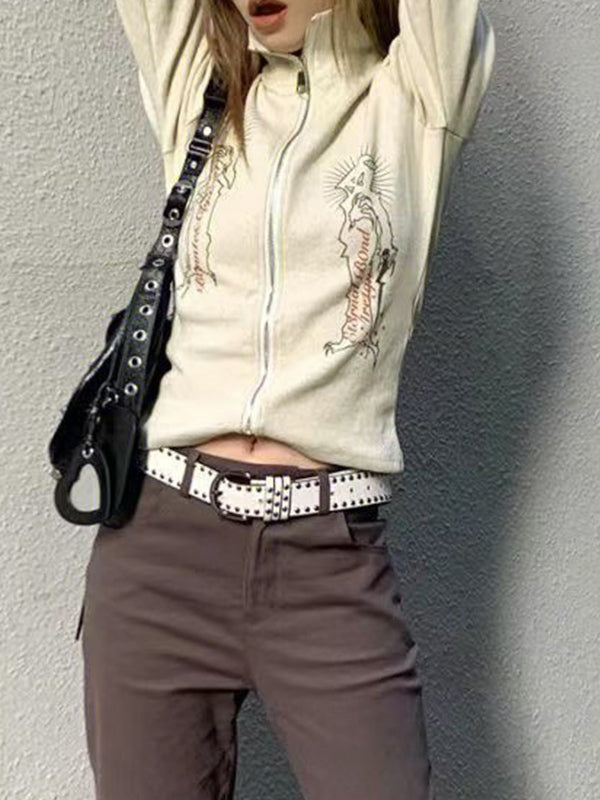 Vintage Print Lapel Neck Zip Up Long Sleeve Knit