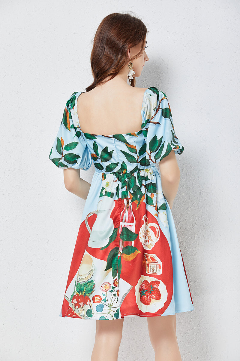 Positioning Print Square Neck Three Dimensional Puff Sleeve Dress Slim High Waist Dress