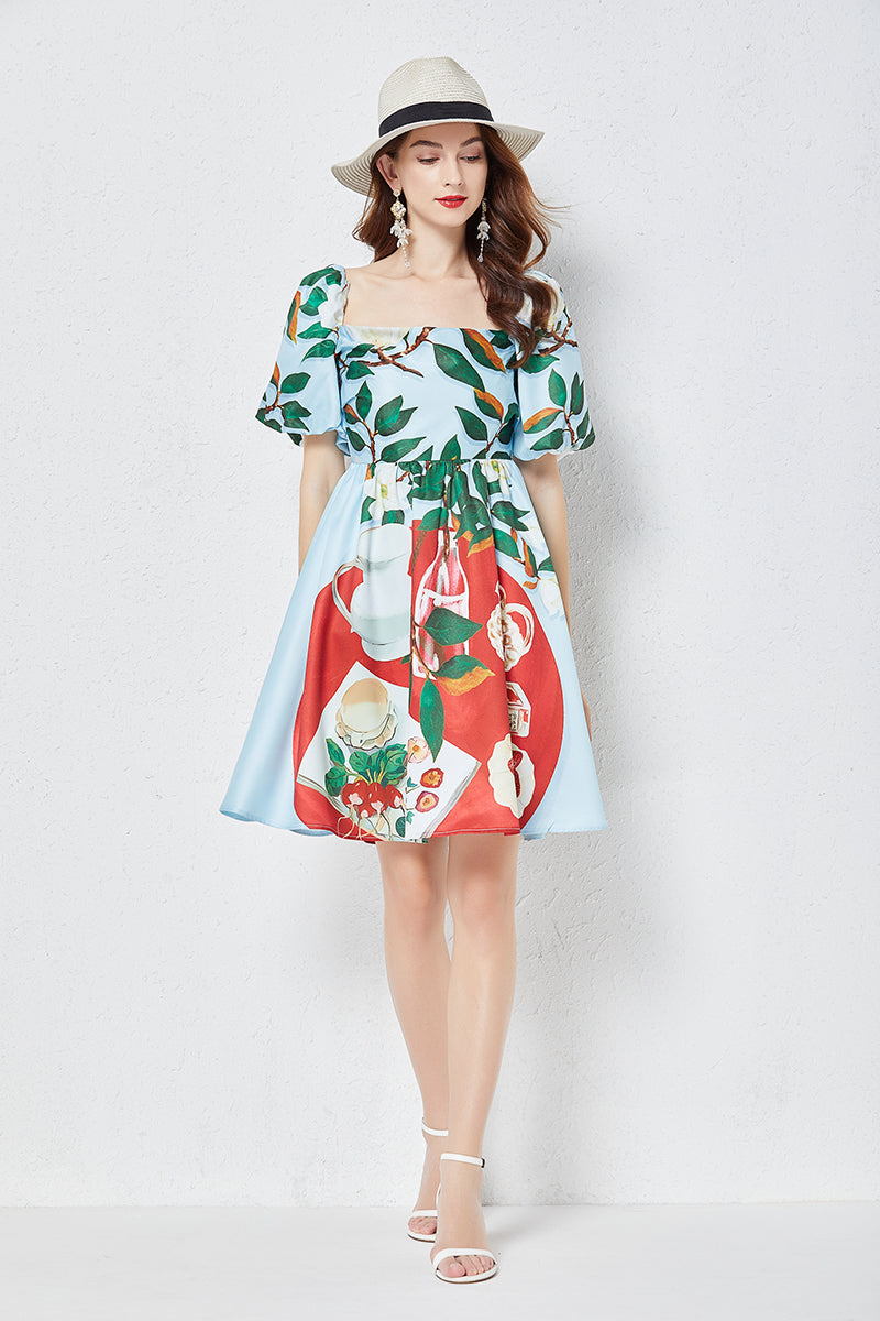 Positioning Print Square Neck Three Dimensional Puff Sleeve Dress Slim High Waist Dress