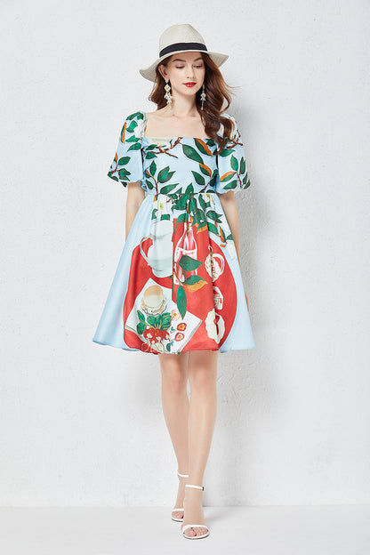 Positioning Print Square Neck Three Dimensional Puff Sleeve Dress Slim High Waist Dress