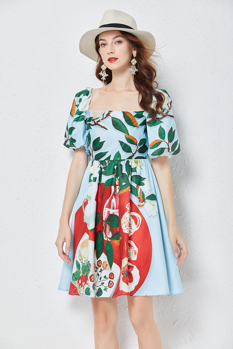 Positioning Print Square Neck Three Dimensional Puff Sleeve Dress Slim High Waist Dress