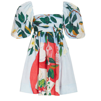 Positioning Print Square Neck Three Dimensional Puff Sleeve Dress Slim High Waist Dress