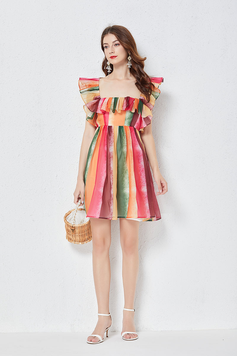 Rainbow Striped Crystal Yarn Square Neck Strapless Dress Slim Gathered High Waist Yarn Dress