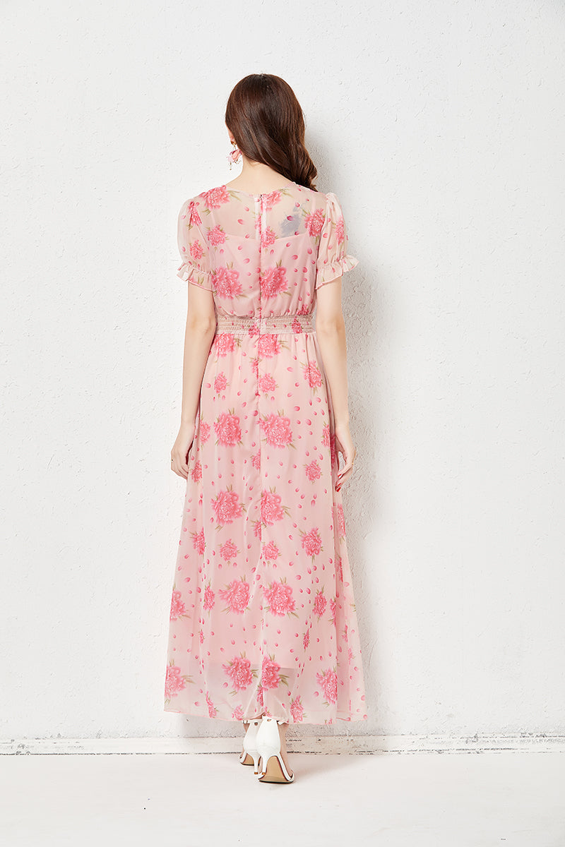 Fairy Dress Simulation Silk Light Elegant Large Swing Elastic Waist Long Dress Pink Print Silk Scarf