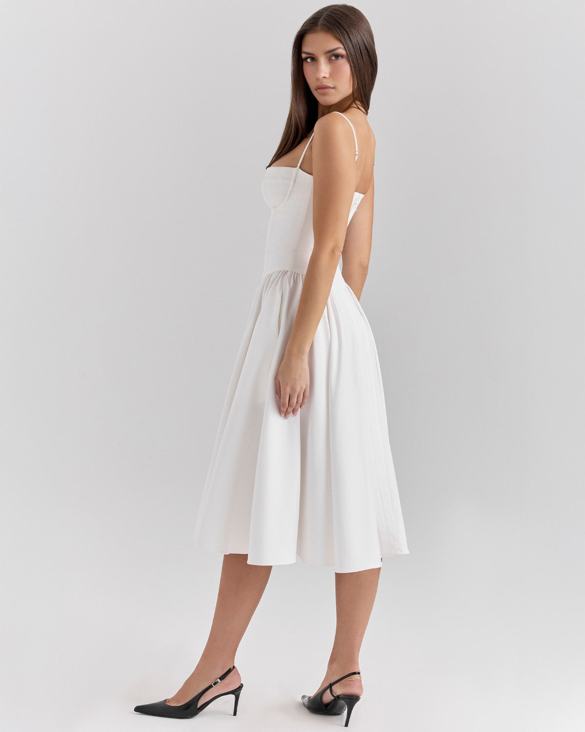 Spaghetti Strap Corset Bodice Basque Waist Pleated A-Line Midi Dress