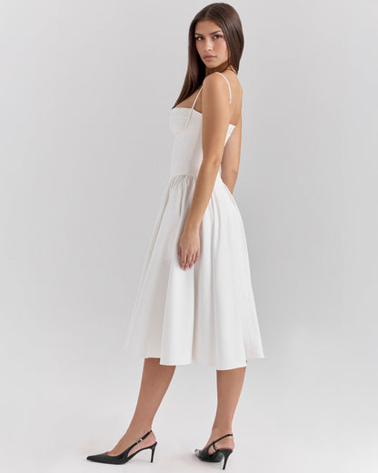 Spaghetti Strap Corset Bodice Basque Waist Pleated A-Line Midi Dress