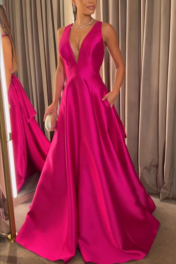Modern Charm Satin Back Bow Detail Pocketed Porm Maxi Dress