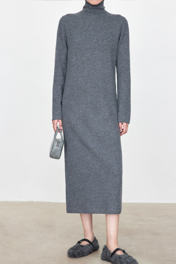 Turtleneck Long Sleeve Column Belted Knit Maxi Dress