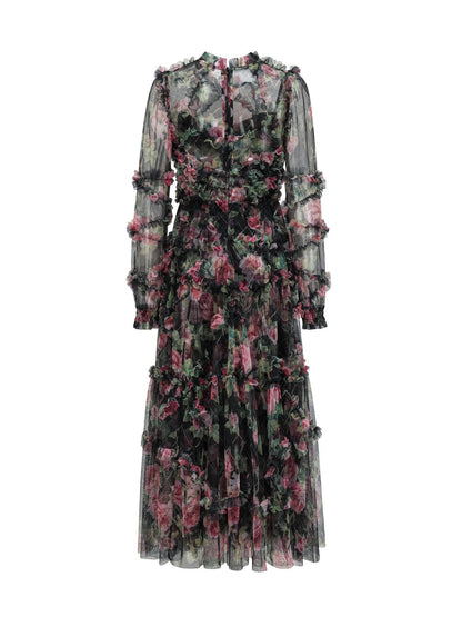 Floral Dress Illusion Neck And Sleeves High Collar Teried Party Maxi Dresses