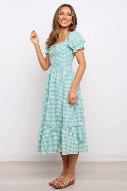 Check Square Neck Tie Ruffle Vacition A Line Dress