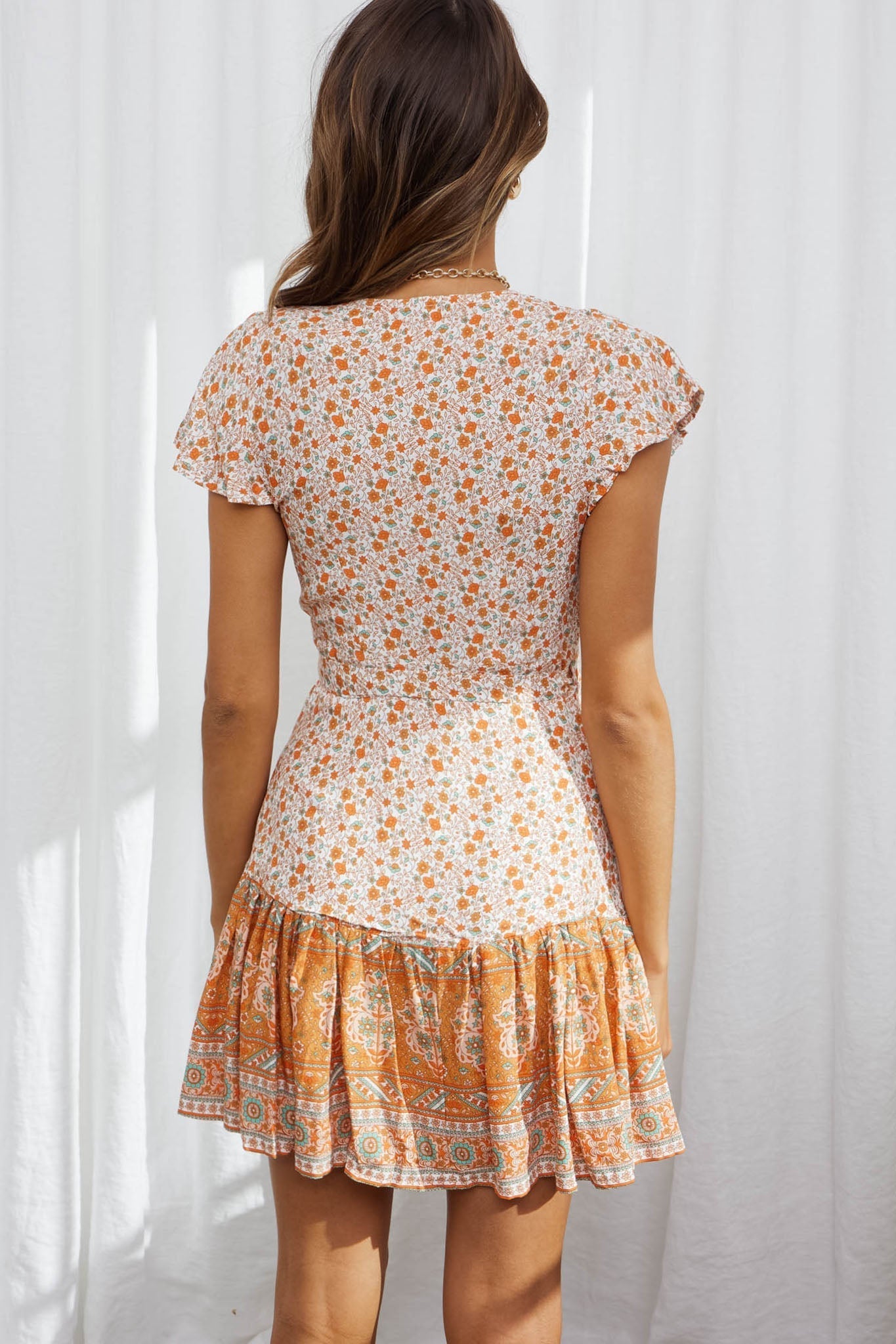 Printed V Neck Elegant Belted Short A Line Dress