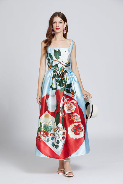 Printed Belted A Line Maxi Dress