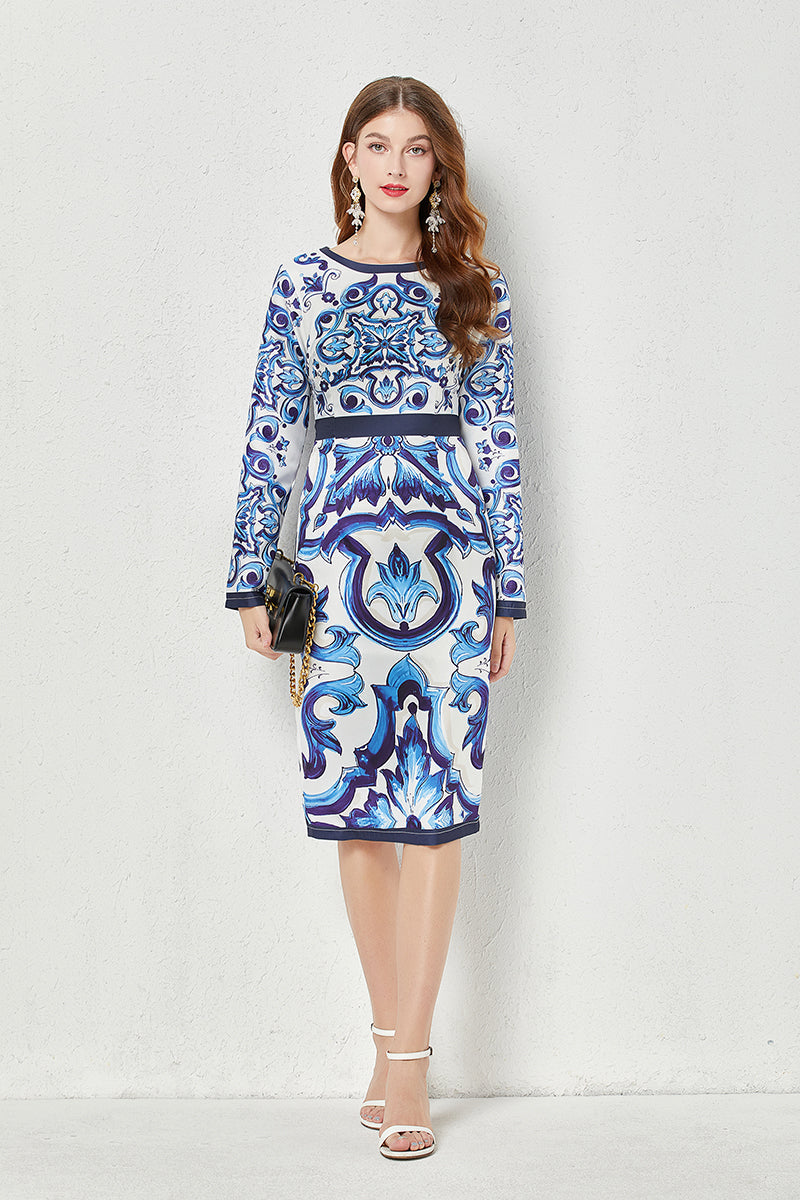 Fall Crew Neck Printed Cami A Line Knee Dress