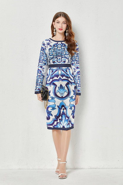 Fall Crew Neck Printed Cami A Line Knee Dress