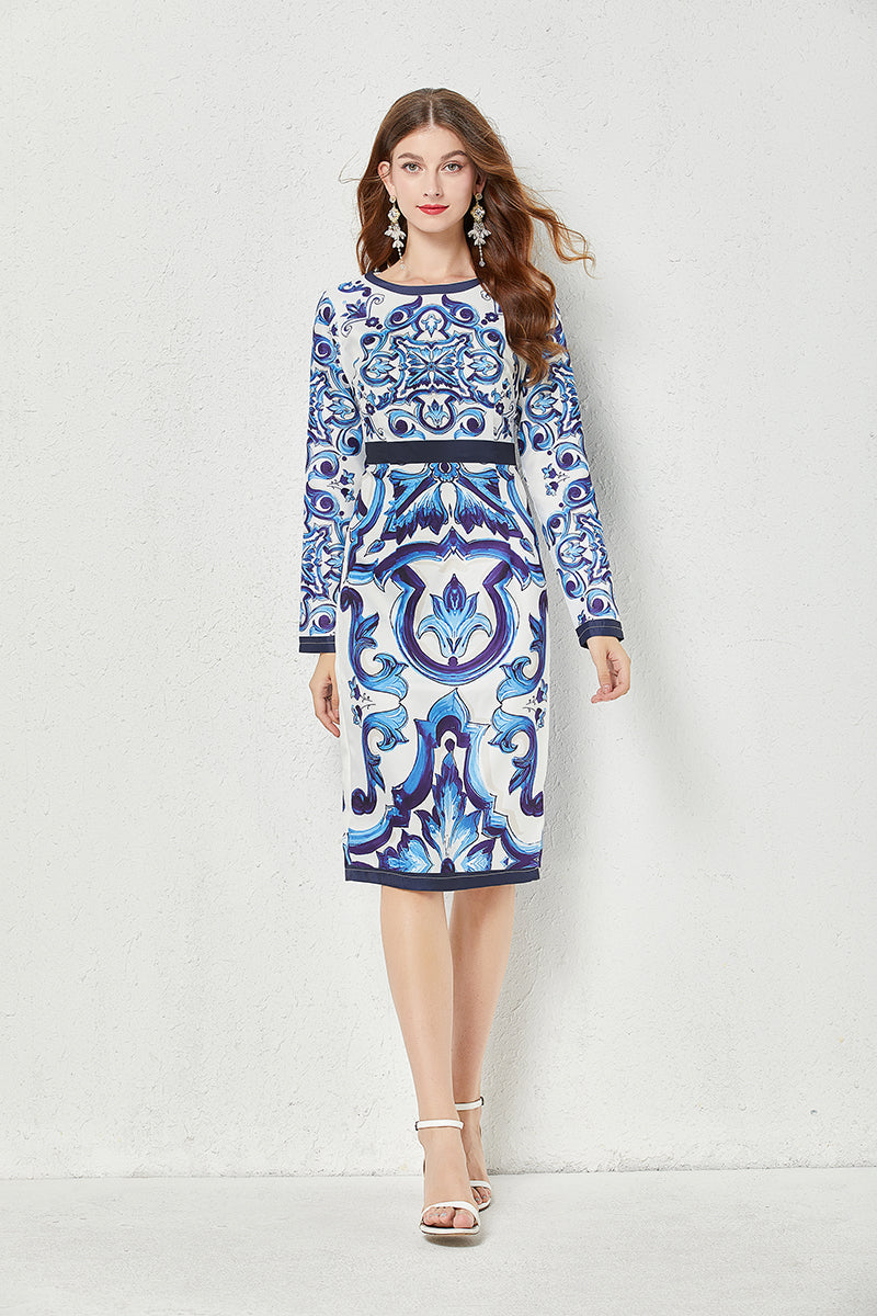 Fall Crew Neck Printed Cami A Line Knee Dress