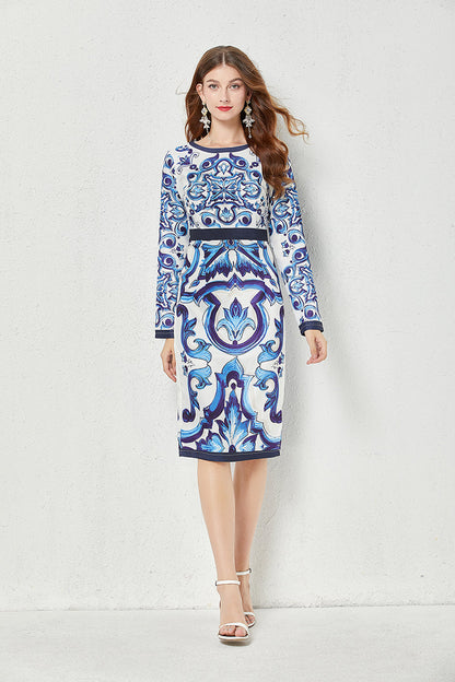 Fall Crew Neck Printed Cami A Line Knee Dress