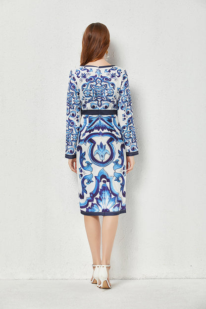 Fall Crew Neck Printed Cami A Line Knee Dress