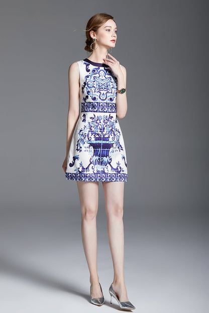 Printed Sleeveless A Line Short Dress